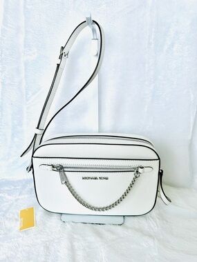 Michael Kors White Leather Crossbody Camera Bag with Silver Chain